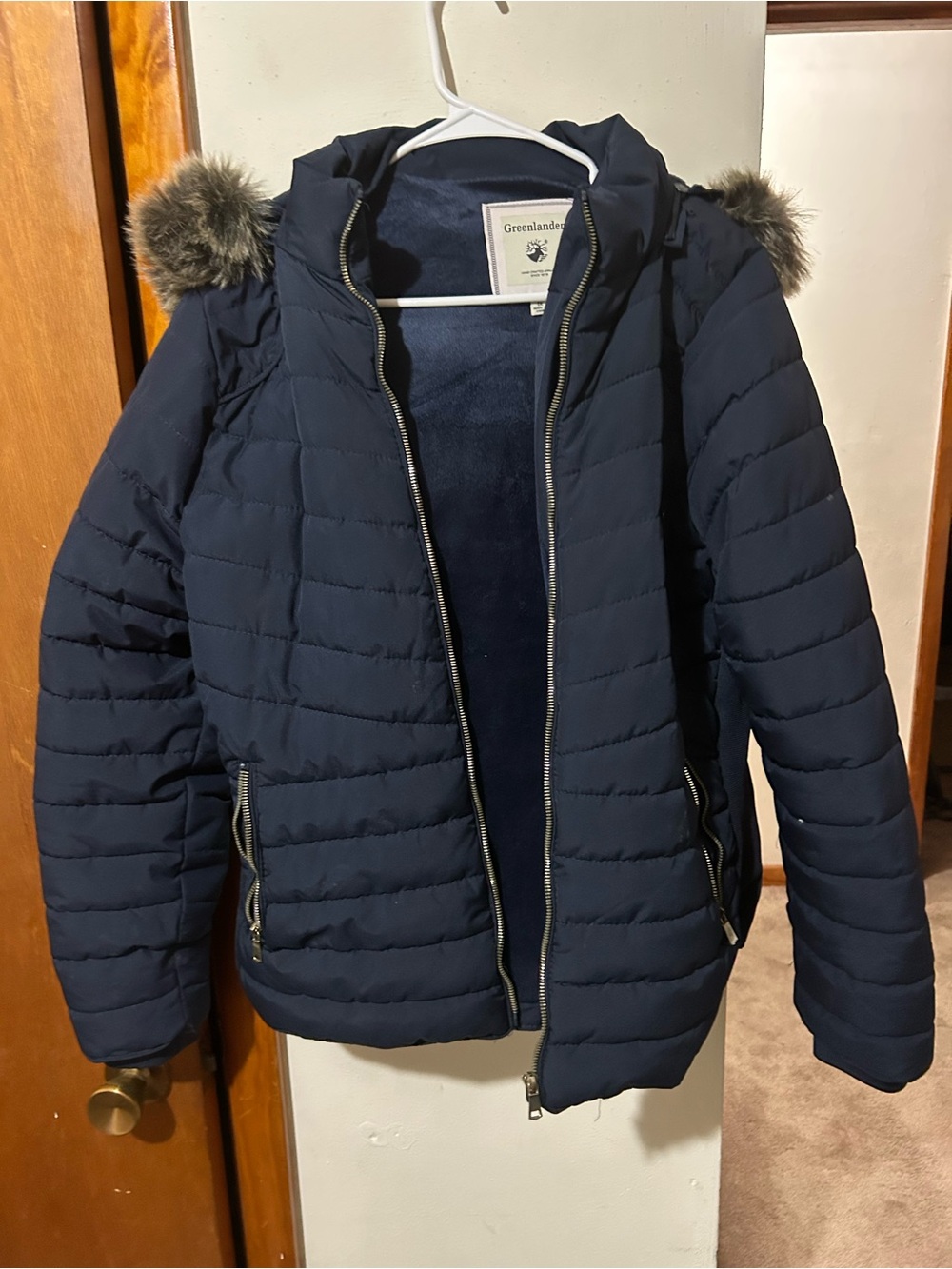 Navy Women's Quilted Puffer Jacket with Faux-Fur Trim Hood